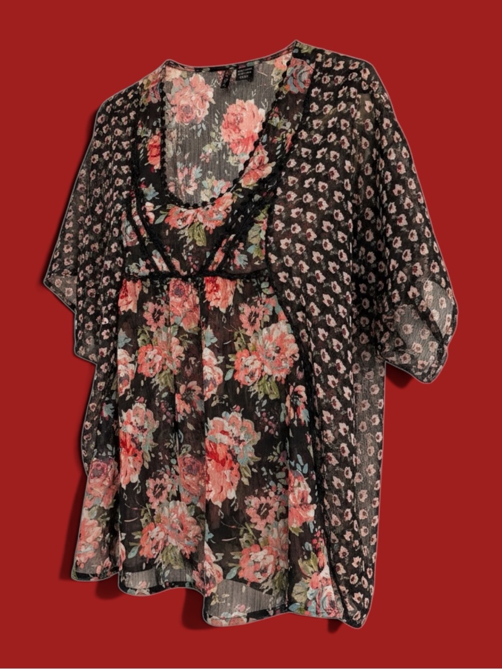 Fire Los Angeles Floral Sheer Bohemian Top in Black and Coral